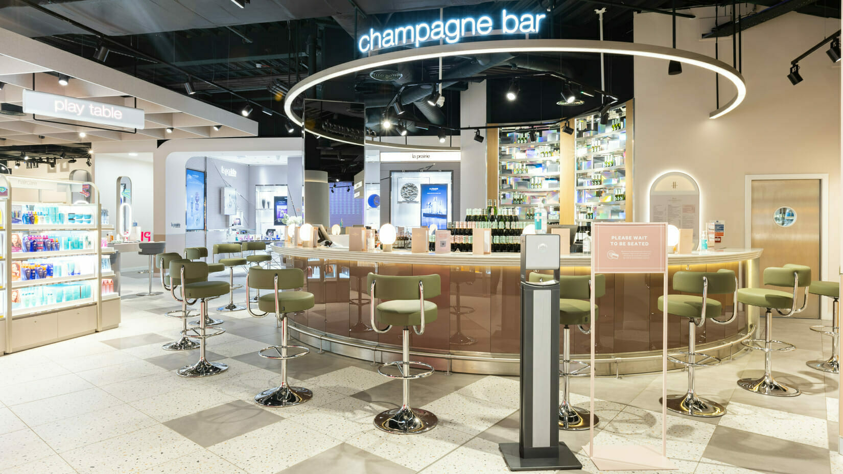 Harrods Beauty champagne bar interior at St James Quarter in Edinburgh